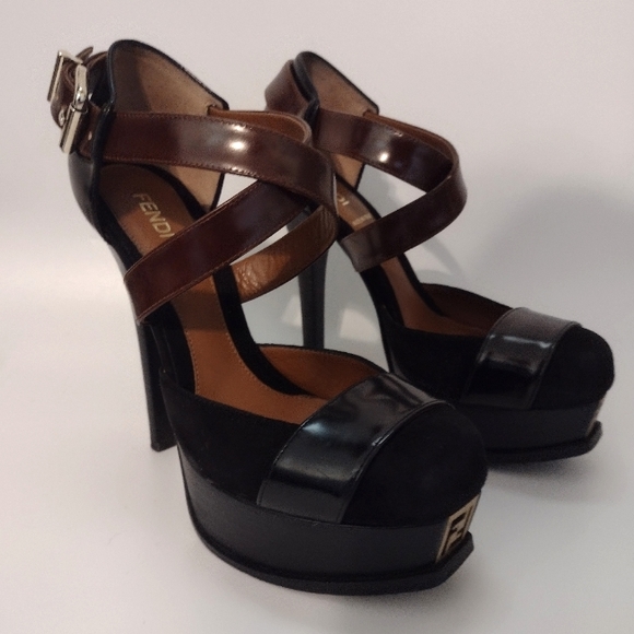 Fendi FF L ogo Black & Brown Criss Cross Platform Heels - Picture 5 of 12